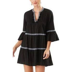 Tommy Bahama Black Embroidered Tiered Cotton Dress Small